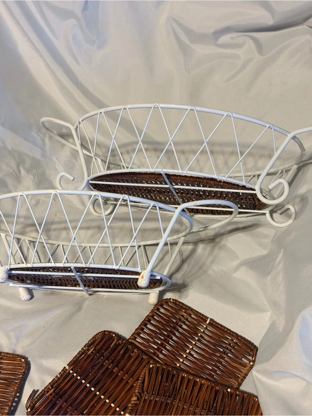 White Wire Wicker Serving Basket Set French Country Cottagecore Kitchen Decor